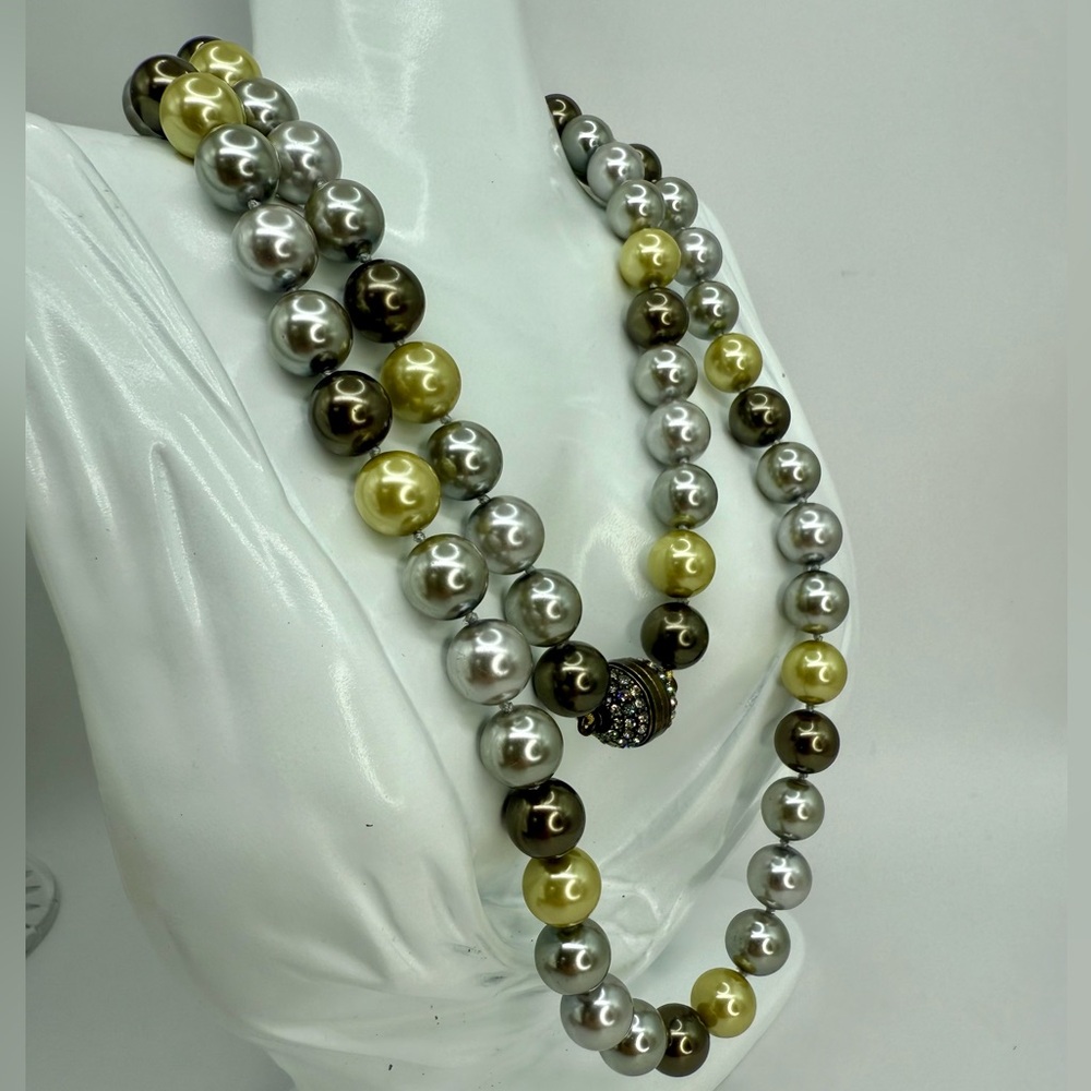 Heidi Daus Faux Pearl Necklace 36” — Multi-Tone Double Strand w Pave Screw Clasp - Picture 12 of 17